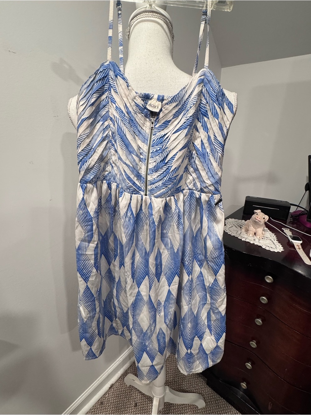 Roxy Blue & White Printed Spaghetti-Strap Dress with Front Zip